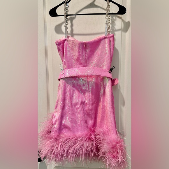 Nadine Merabi Fifi Iridescent Sequined Pink Belted Mini Dress w Feather Hemline - Picture 7 of 12